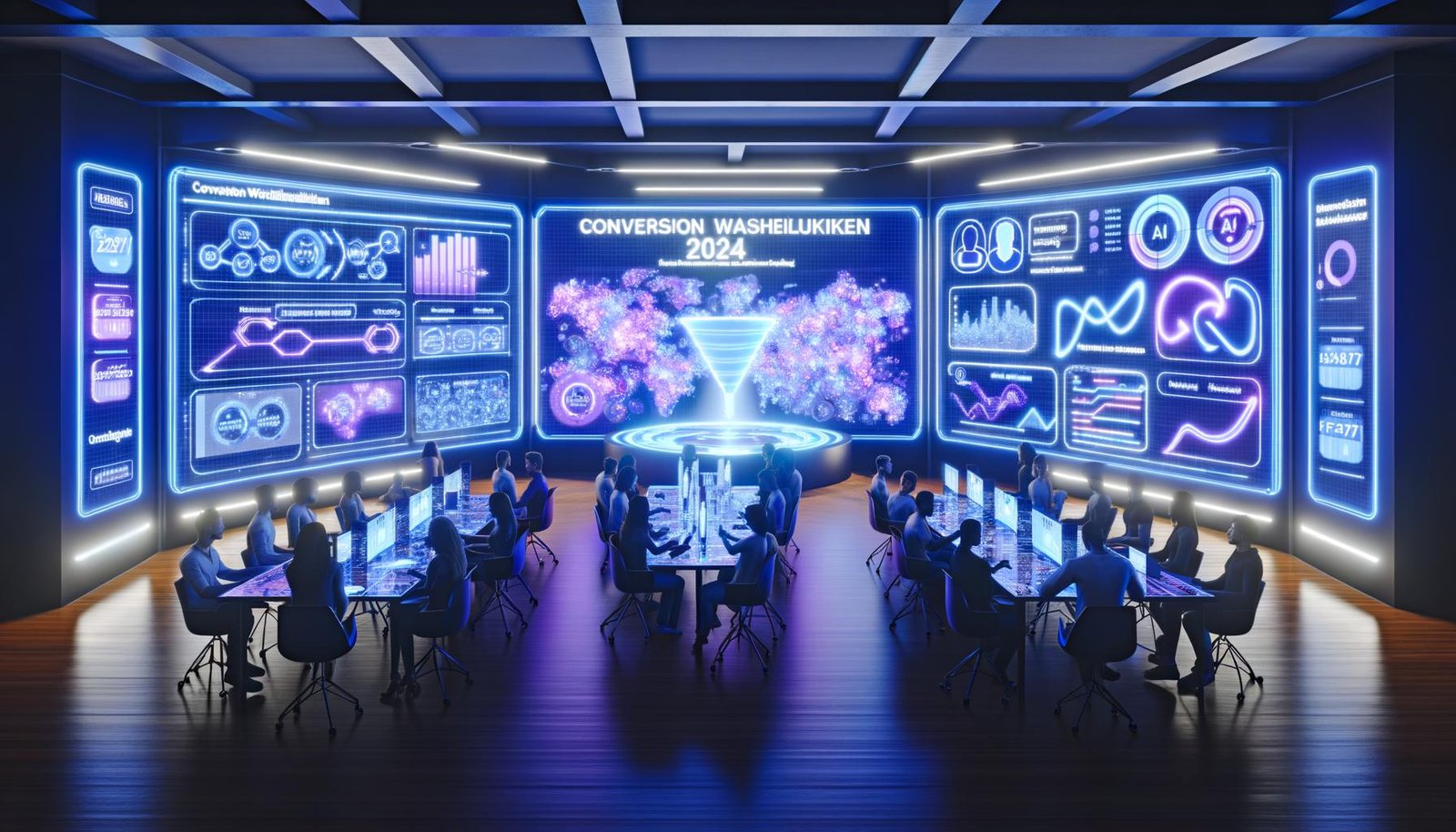 Futuristischer Marketing-Kontrollraum mit digitalen Bildschirmen, KI-Analysen, Conversion-Wahrscheinlichkeiten und arbeitenden Marketern im Jahr 2024