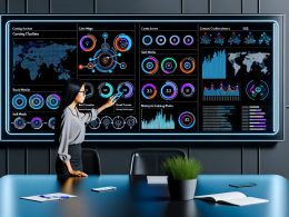 Futuristisches Dashboard mit interaktiven Diagrammen, Heatmaps und Echtzeit-Daten, umgeben von Machine Learning, Social Media und Automatisierungs-Icons, in einem dunklen, stilvollen Büro mit konzentrierter Person davor.
