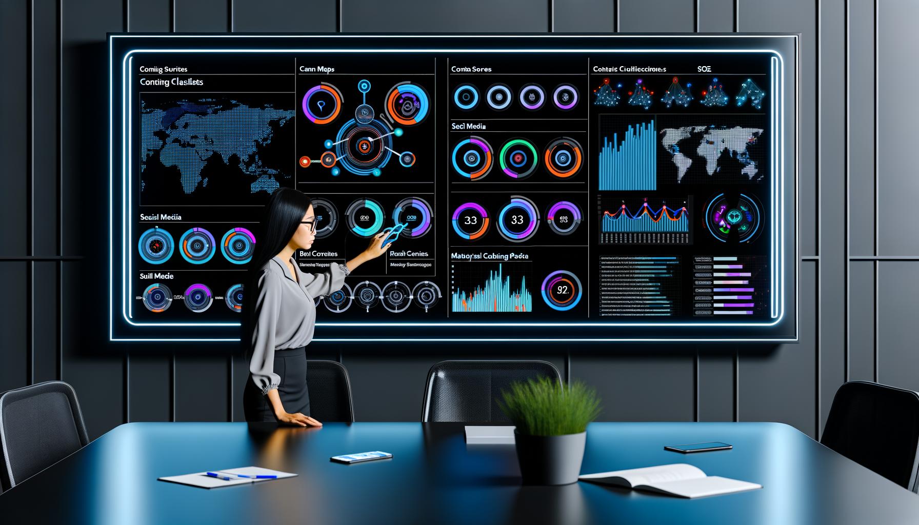 Futuristisches Dashboard mit interaktiven Diagrammen, Heatmaps und Echtzeit-Daten, umgeben von Machine Learning, Social Media und Automatisierungs-Icons, in einem dunklen, stilvollen Büro mit konzentrierter Person davor.