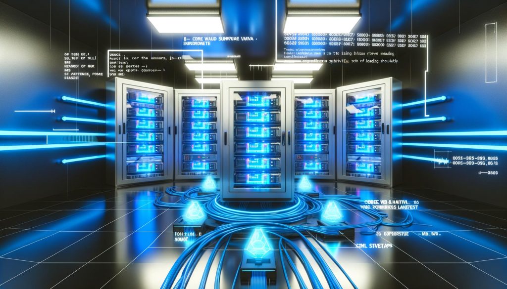 Futuristischer Serverraum mit blauen Neonlichtern, digitalen Kabeln und schwebenden SEO-Dashboards, die technische Grundlagen wie Core Web Vitals und robots.txt visualisieren.