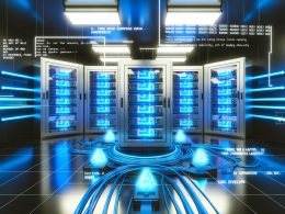 Futuristischer Serverraum mit blauen Neonlichtern, digitalen Kabeln und schwebenden SEO-Dashboards, die technische Grundlagen wie Core Web Vitals und robots.txt visualisieren.