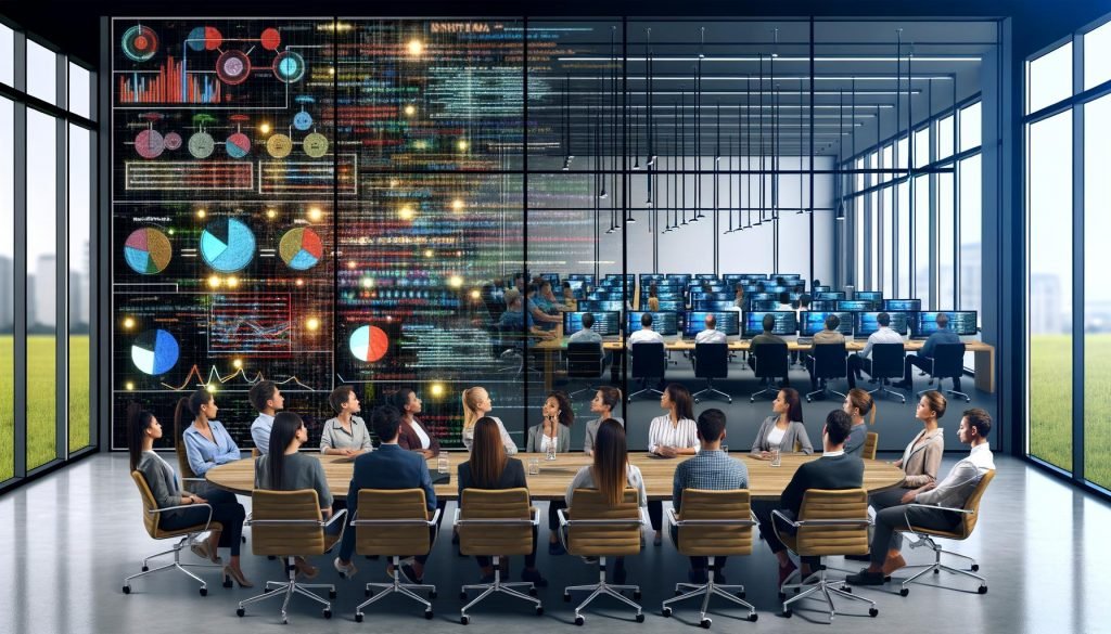 Stilvolles Großraumbüro mit Marketern vor Präsentation und Entwicklern beim Programmieren hinter Glaswand