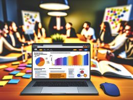 Offener Laptop mit Scroll-Tracking-Heatmap und Analyse-Symbolen, im Hintergrund arbeitet ein Marketing-Team an einem hellen Besprechungstisch mit Post-its und Notebooks.