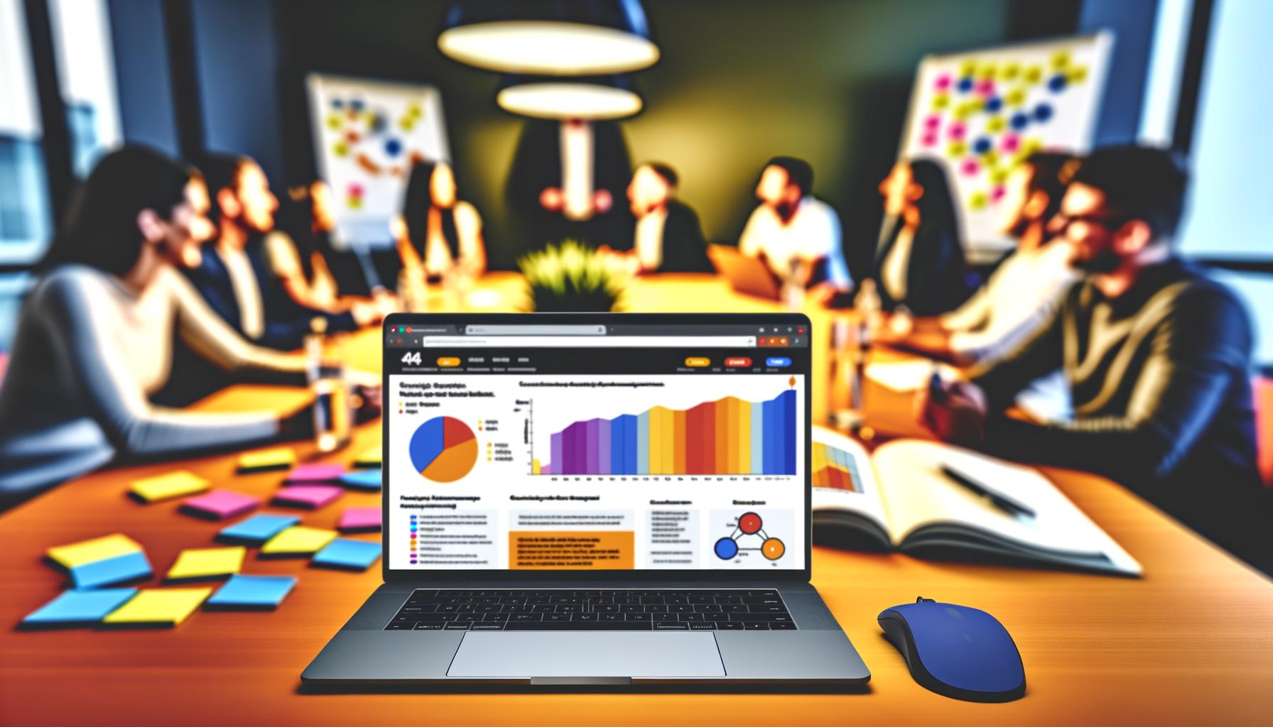 Offener Laptop mit Scroll-Tracking-Heatmap und Analyse-Symbolen, im Hintergrund arbeitet ein Marketing-Team an einem hellen Besprechungstisch mit Post-its und Notebooks.