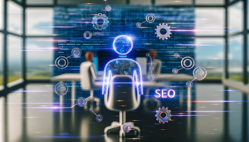 Stilisierte KI-Figur aus leuchtenden Linien optimiert am Monitor Texte, umgeben von Keywords und Symbolen, während Menschen im Hintergrund zusehen