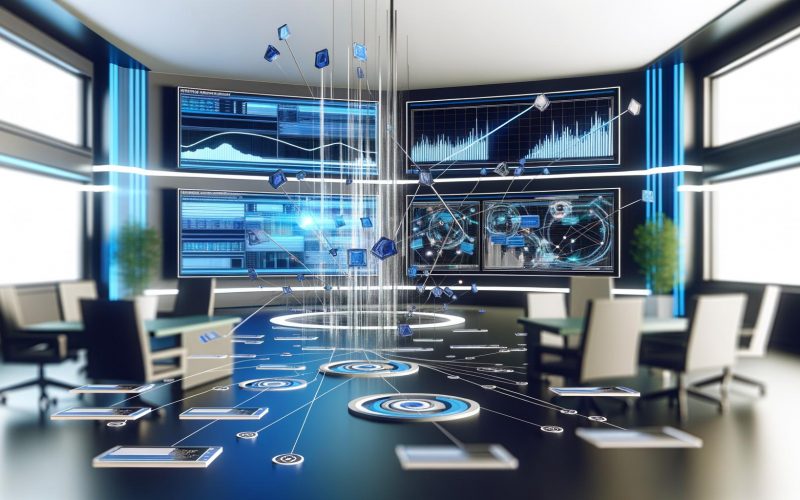 Modernes Büro mit großen Monitoren und abstrahierten Fenstern für DSP, SSP, Ad Exchange und DMP, umgeben von digitalen Datenströmen und Gebotsgrafiken.