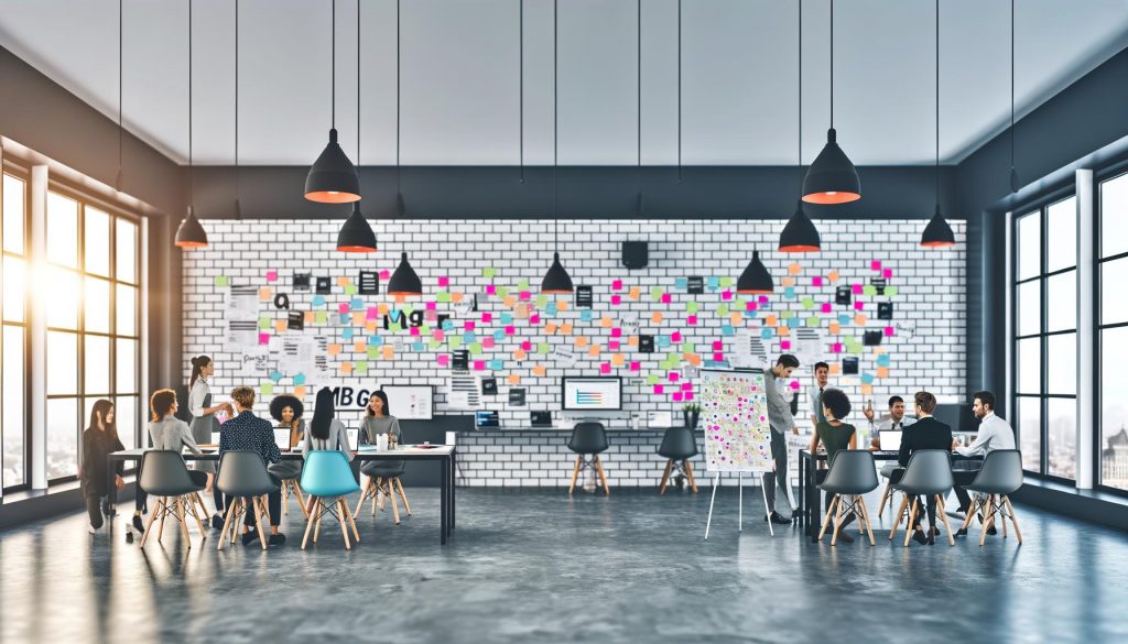 Team einer modernen Online-Marketing-Agentur arbeitet in offenen, hellen Räumen mit Whiteboards, Post-its und Flipchart an kreativen Strategien.