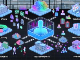 Futuristisches Großraumbüro mit Marketern, holografischen Dashboards, einem isometrischen AI-Analytics-Stack, Warnschildern zu KI-Risiken, Zusammenarbeit zwischen Mensch und KI sowie einer illustrierten Roadmap zur KI-Implementierung.