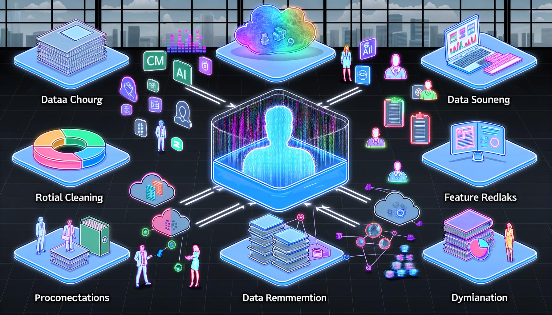Futuristisches Großraumbüro mit Marketern, holografischen Dashboards, einem isometrischen AI-Analytics-Stack, Warnschildern zu KI-Risiken, Zusammenarbeit zwischen Mensch und KI sowie einer illustrierten Roadmap zur KI-Implementierung.