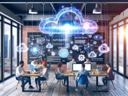 Loftartiges Büro mit Kreativ-Team bei der Zusammenarbeit an Laptops, KI-Wolke mit Schlagwörtern wie Automation, Personalisierung und SEO; große Monitore zeigen Content-Strategien und komplexe Dashboards.