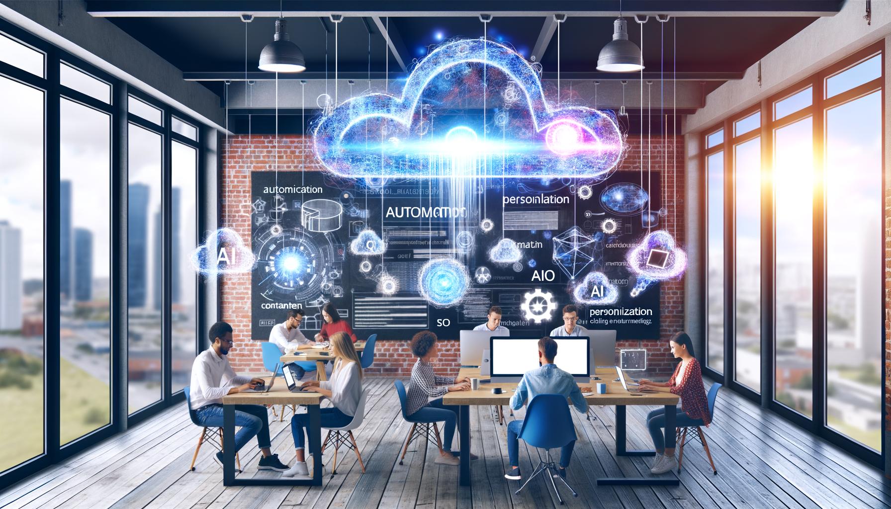 Loftartiges Büro mit Kreativ-Team bei der Zusammenarbeit an Laptops, KI-Wolke mit Schlagwörtern wie Automation, Personalisierung und SEO; große Monitore zeigen Content-Strategien und komplexe Dashboards.