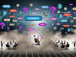 Mehrere Agenturmitarbeiter hantieren in einem hektischen Büro mit bunten Präsentationsfolien und Laptops, während ein unsicherer Kunde von schwebenden Licht-Fragezeichen umgeben ist und Tech-Begriffe im Hintergrund auf Monitoren erscheinen.