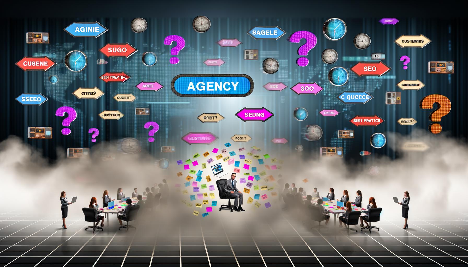 Mehrere Agenturmitarbeiter hantieren in einem hektischen Büro mit bunten Präsentationsfolien und Laptops, während ein unsicherer Kunde von schwebenden Licht-Fragezeichen umgeben ist und Tech-Begriffe im Hintergrund auf Monitoren erscheinen.