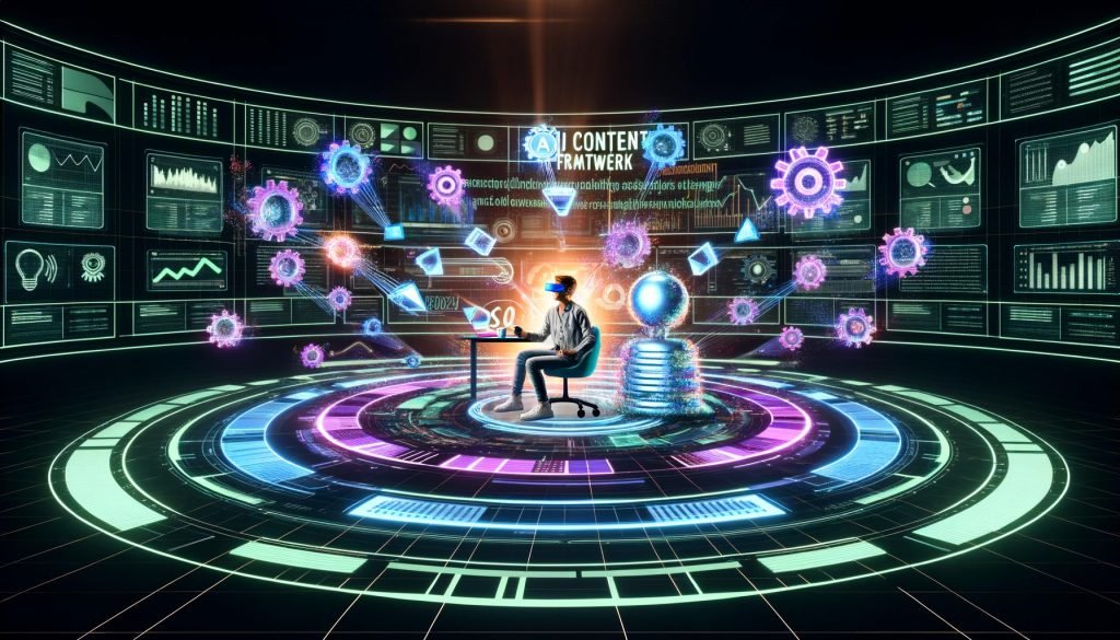 Marketer an halbkreisförmigem Schreibtisch in einem cyberpunkartigen Hightech-Kontrollraum mit Hologramm-Bildschirmen, KI-Avataren, API-Symbolen und leuchtendem AI Content Framework.