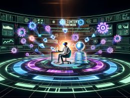 Marketer an halbkreisförmigem Schreibtisch in einem cyberpunkartigen Hightech-Kontrollraum mit Hologramm-Bildschirmen, KI-Avataren, API-Symbolen und leuchtendem AI Content Framework.