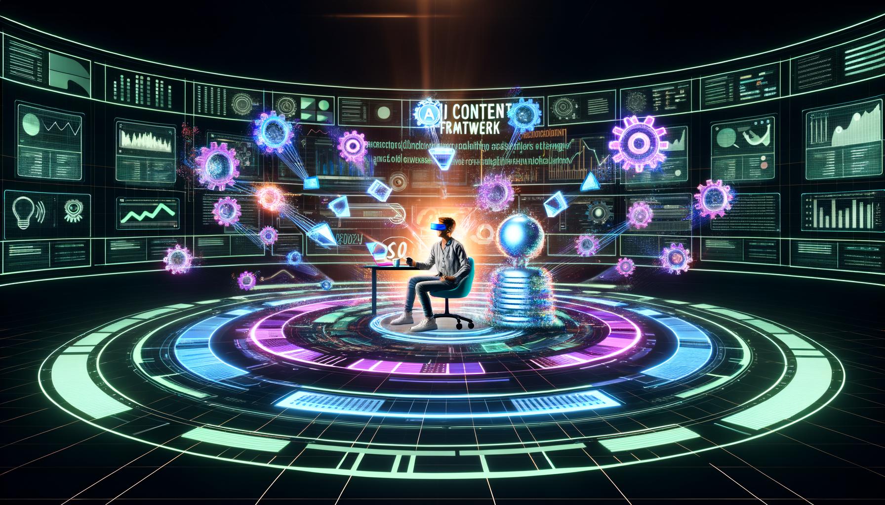 Marketer an halbkreisförmigem Schreibtisch in einem cyberpunkartigen Hightech-Kontrollraum mit Hologramm-Bildschirmen, KI-Avataren, API-Symbolen und leuchtendem AI Content Framework.