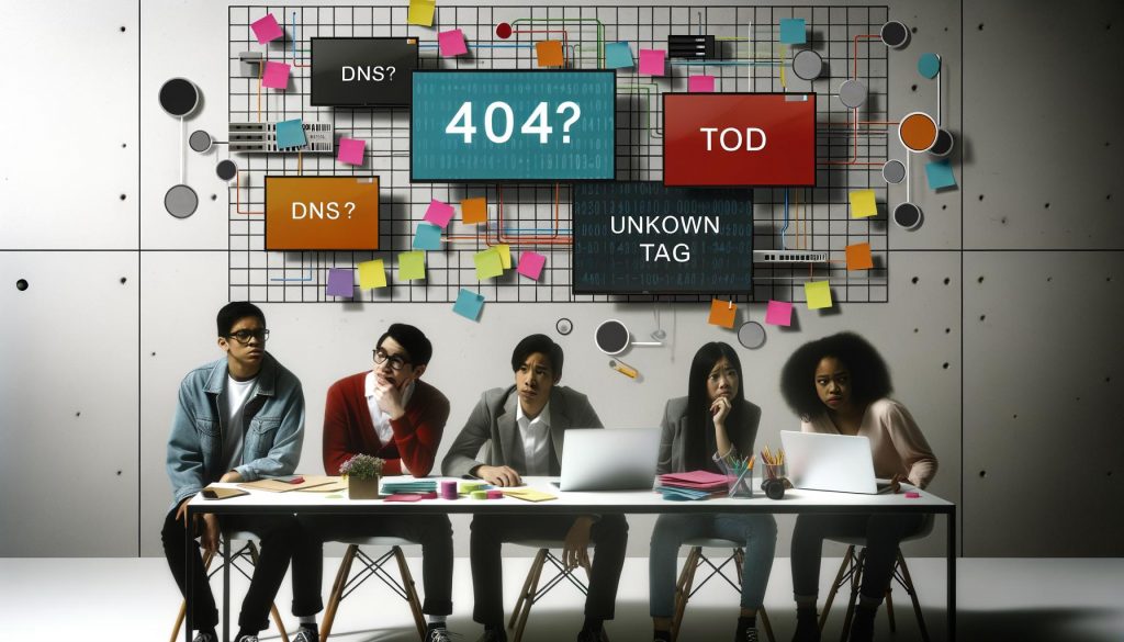 Junges Marketing-Team an Gruppentisch in modernem Büro, betrachtet besorgt einen Laptop mit technischen Fehlermeldungen auf Monitor, umgeben von Post-its und Kabelsalat.