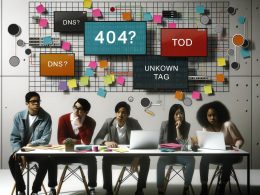 Junges Marketing-Team an Gruppentisch in modernem Büro, betrachtet besorgt einen Laptop mit technischen Fehlermeldungen auf Monitor, umgeben von Post-its und Kabelsalat.