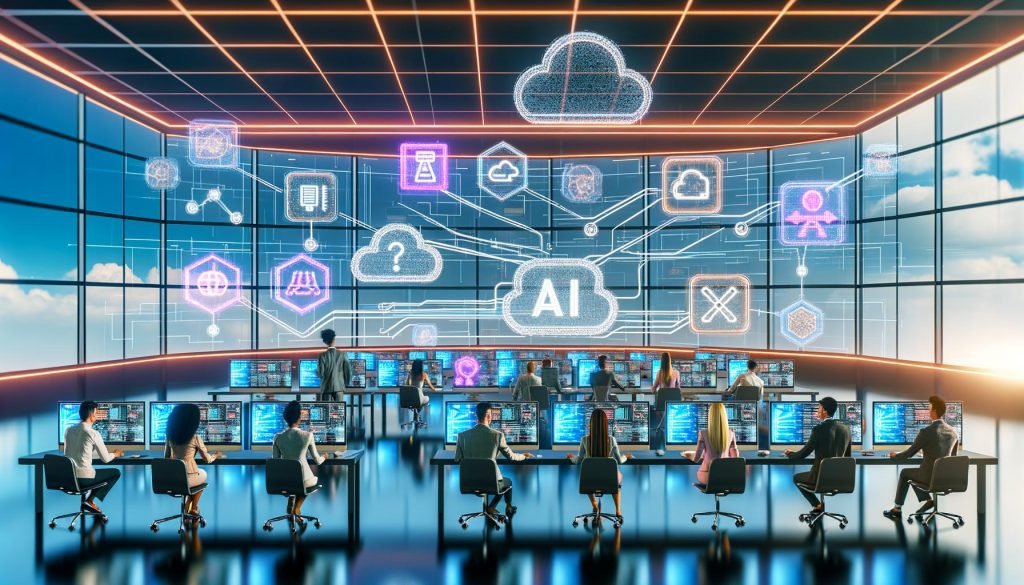 Futuristische Bürolandschaft mit Teams, die kollaborativ an digitalen Anzeigen zu KI, API-Integrationen, Headless CMS und Echtzeitanalysen arbeiten. Holografische und neonfarbene Akzente unterstreichen eine innovative, technologiegetriebene Arbeitsweise.