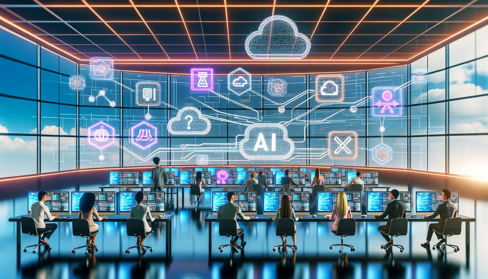 Futuristische Bürolandschaft mit Teams, die kollaborativ an digitalen Anzeigen zu KI, API-Integrationen, Headless CMS und Echtzeitanalysen arbeiten. Holografische und neonfarbene Akzente unterstreichen eine innovative, technologiegetriebene Arbeitsweise.