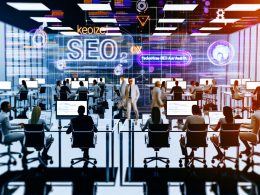 Dynamisches Agenturteam analysiert mit Laptops und Monitoren eine Website beim technischen SEO Audit; sichtbare Crawling-Tools und Diagramme heben Komplexität hervor.