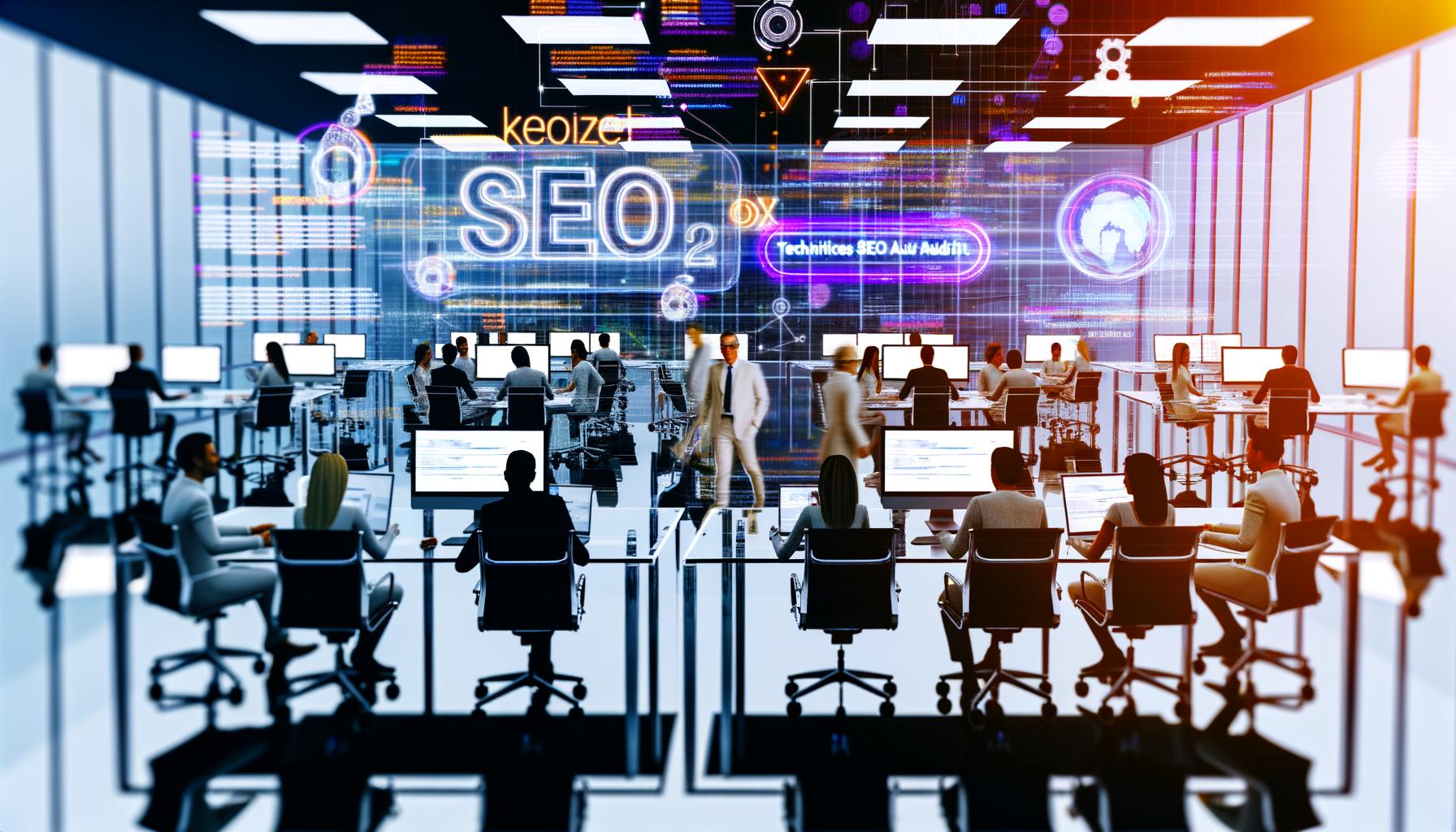 Dynamisches Agenturteam analysiert mit Laptops und Monitoren eine Website beim technischen SEO Audit; sichtbare Crawling-Tools und Diagramme heben Komplexität hervor.