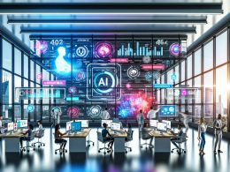 Modernes Marketing-Team analysiert KI-gesteuerte Dashboards und Content-Workflows im lichtdurchfluteten Büro mit Stadtblick und digitalen Tools wie GPT-4 und HubSpot.