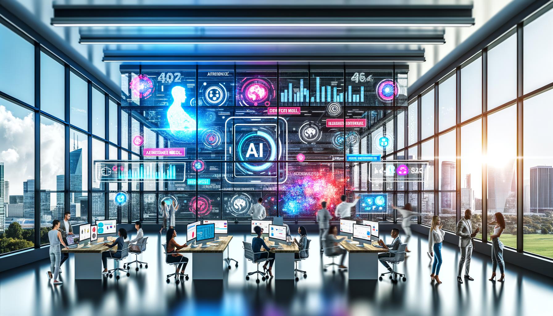 Modernes Marketing-Team analysiert KI-gesteuerte Dashboards und Content-Workflows im lichtdurchfluteten Büro mit Stadtblick und digitalen Tools wie GPT-4 und HubSpot.