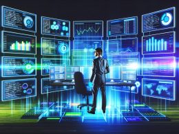 Futuristischer Arbeitsplatz eines SEO-Profis mit leuchtenden Dashboards, Codes und technischen Grafiken, während stilisierte Konkurrenz-Websites chaotisch im Hintergrund erscheinen.