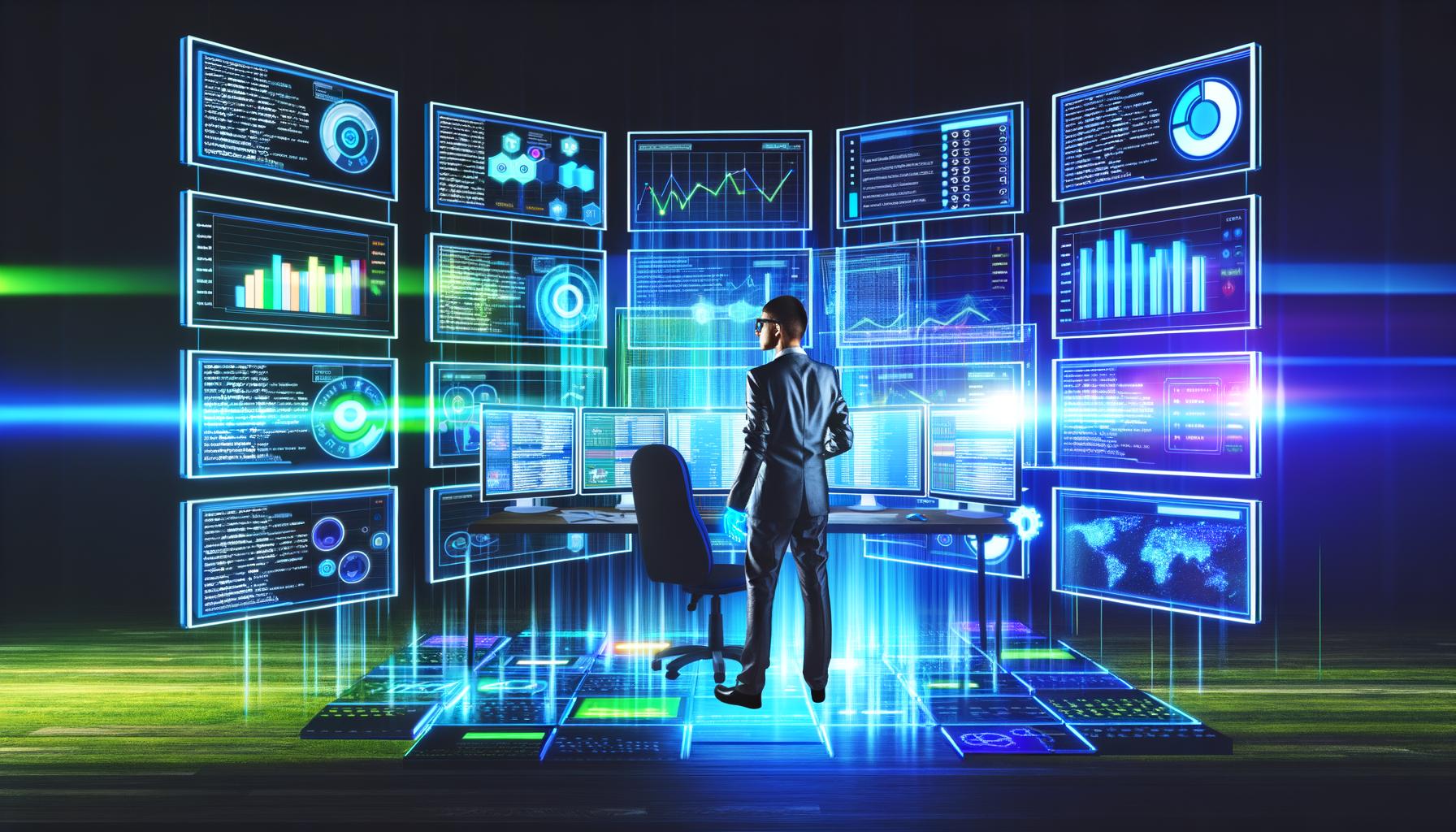 Futuristischer Arbeitsplatz eines SEO-Profis mit leuchtenden Dashboards, Codes und technischen Grafiken, während stilisierte Konkurrenz-Websites chaotisch im Hintergrund erscheinen.