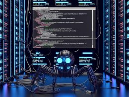Spinnenförmiger Roboter-Crawler inspiziert eine Website mit HTML-Code und technischen Icons vor neonblau beleuchteten Servern im Maschinenraum
