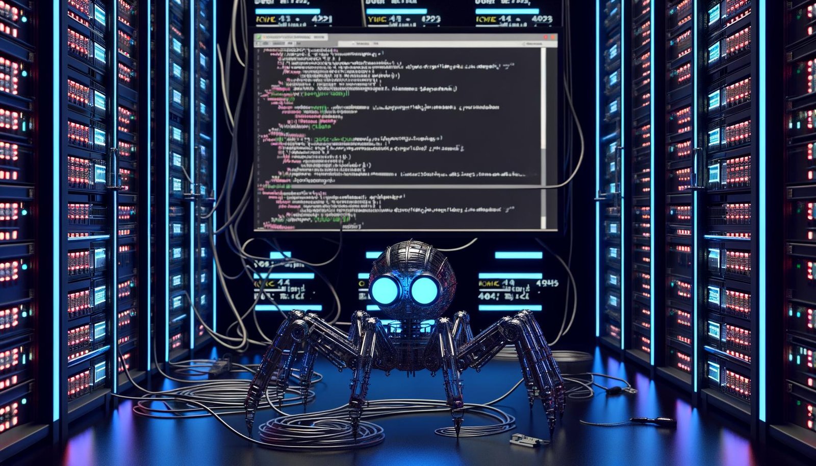 Spinnenförmiger Roboter-Crawler inspiziert eine Website mit HTML-Code und technischen Icons vor neonblau beleuchteten Servern im Maschinenraum