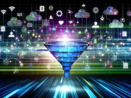 Illustration eines hochmodernen Online-Marketing-Automationssystems mit leuchtendem Funnel, vernetzten Tech-Logos, Datenströmen, Cloud-Icons, KPI-Grafiken und Echtzeit-Dashboard auf abstraktem, tech-orientiertem Hintergrund.