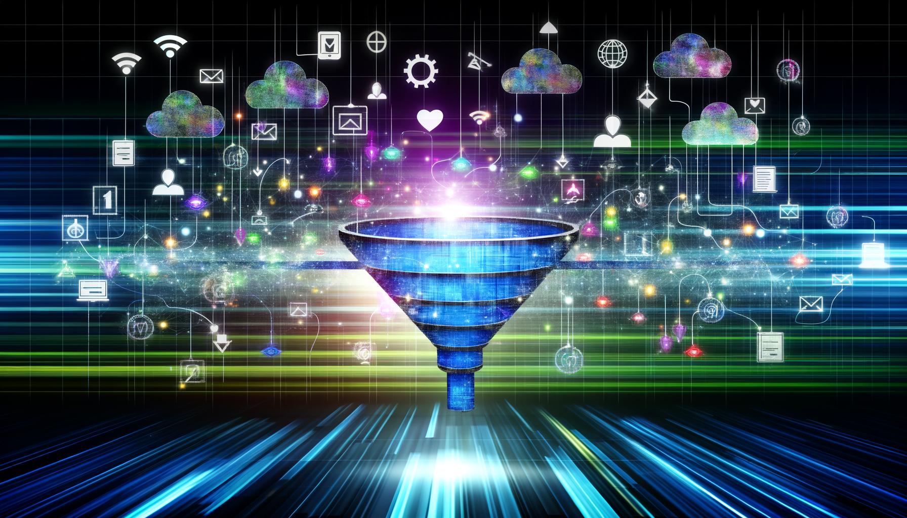 Illustration eines hochmodernen Online-Marketing-Automationssystems mit leuchtendem Funnel, vernetzten Tech-Logos, Datenströmen, Cloud-Icons, KPI-Grafiken und Echtzeit-Dashboard auf abstraktem, tech-orientiertem Hintergrund.