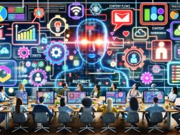 Moderne Büroszene mit Menschen und Robotern, die vor einem großen Display mit digitalen Datenströmen und KI-Symbolen zusammenarbeiten, umgeben von holographischen Marketing-Tools und Diagrammen.