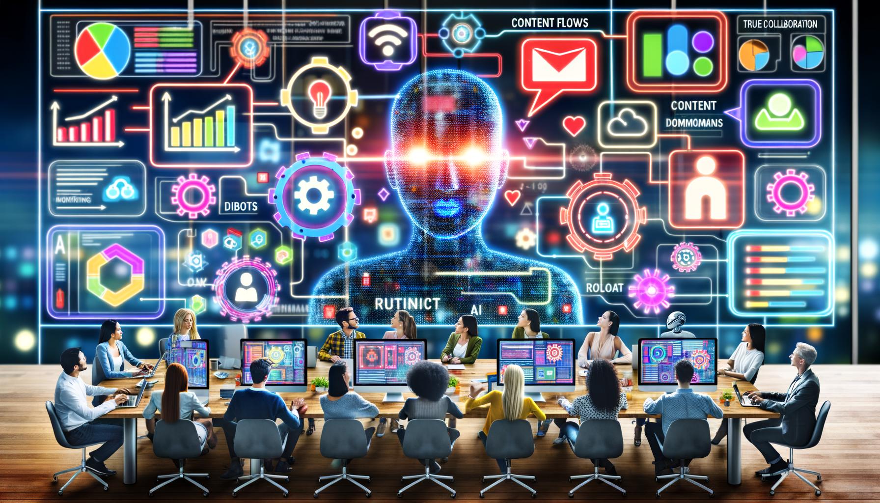 Moderne Büroszene mit Menschen und Robotern, die vor einem großen Display mit digitalen Datenströmen und KI-Symbolen zusammenarbeiten, umgeben von holographischen Marketing-Tools und Diagrammen.