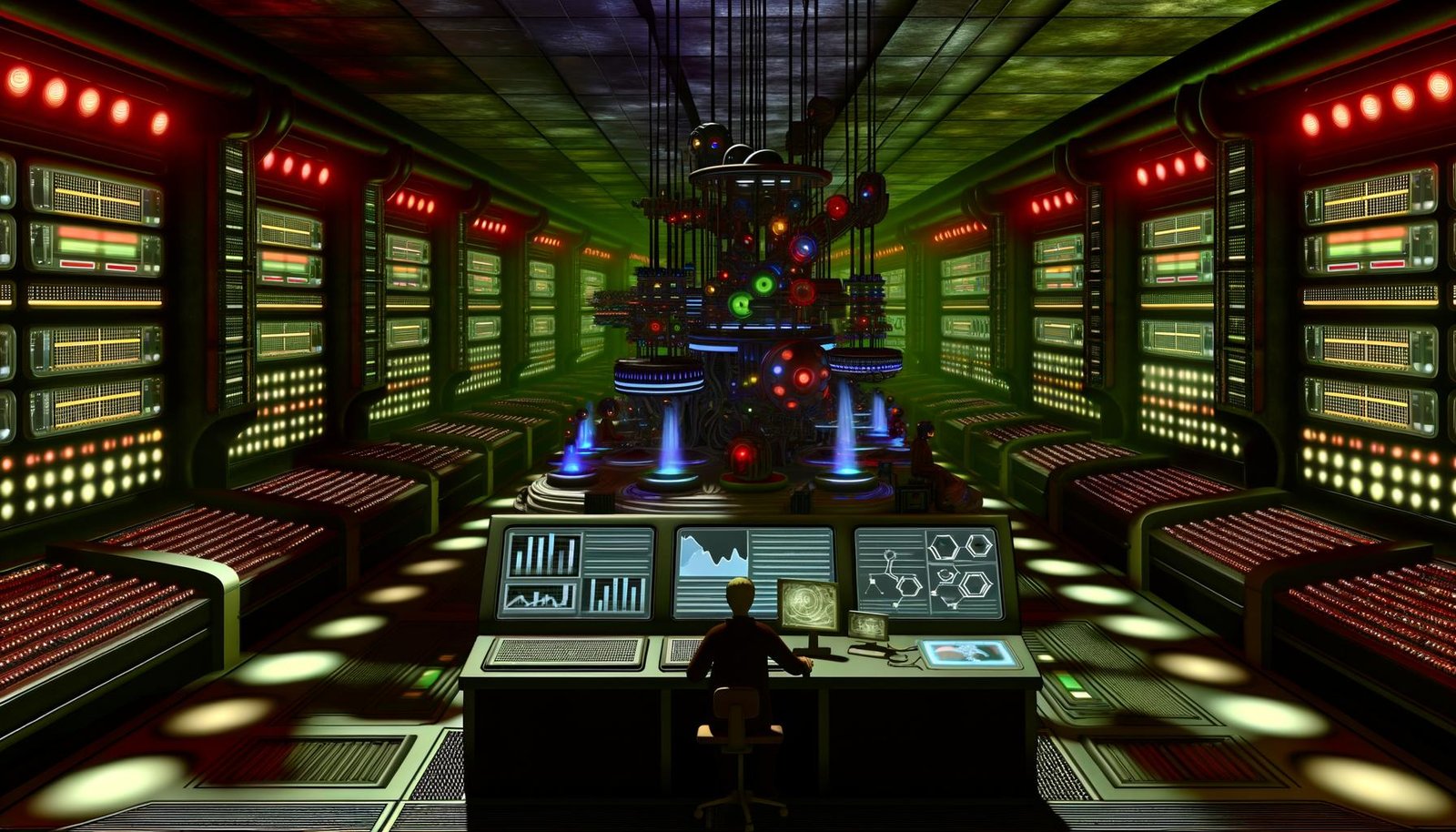 Futuristischer Maschinenraum im U-Boot-Stil mit Servern, SEO-Anzeigen, Datenströmen, Crawler-Bots und einem Menschen am Kontrollpult.