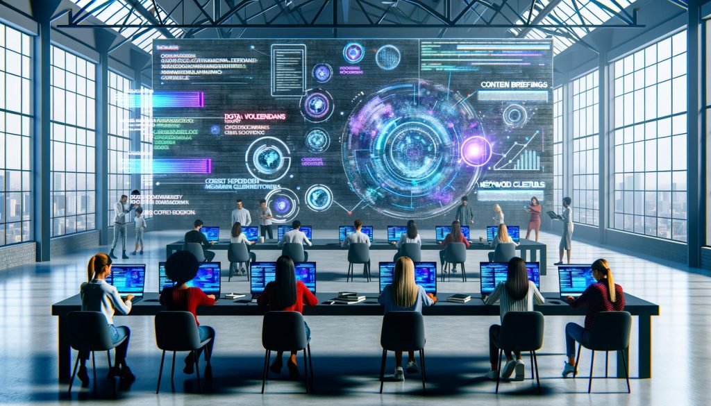 Futuristischer Redaktionsraum im Loft-Stil mit zentralem holografischen Display, konzentrierten Menschen an Laptops und schwebenden, transparenten Datenfenstern