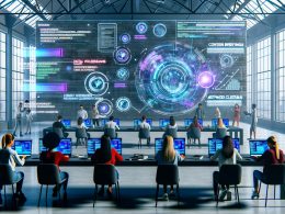 Futuristischer Redaktionsraum im Loft-Stil mit zentralem holografischen Display, konzentrierten Menschen an Laptops und schwebenden, transparenten Datenfenstern