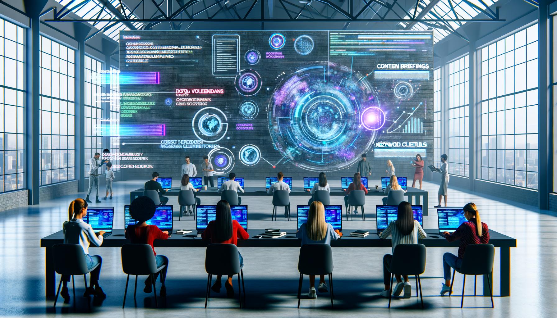 Futuristischer Redaktionsraum im Loft-Stil mit zentralem holografischen Display, konzentrierten Menschen an Laptops und schwebenden, transparenten Datenfenstern