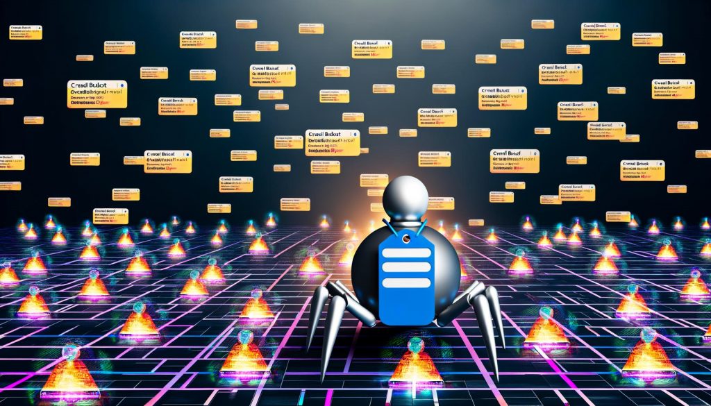 Metaphorische Visualisierung von Googles Verwaltung des Crawl-Budgets: Ein Anzugträger lenkt Roboter-Crawler durch ein verschachteltes, teils blockiertes Webseiten-Labyrinth.