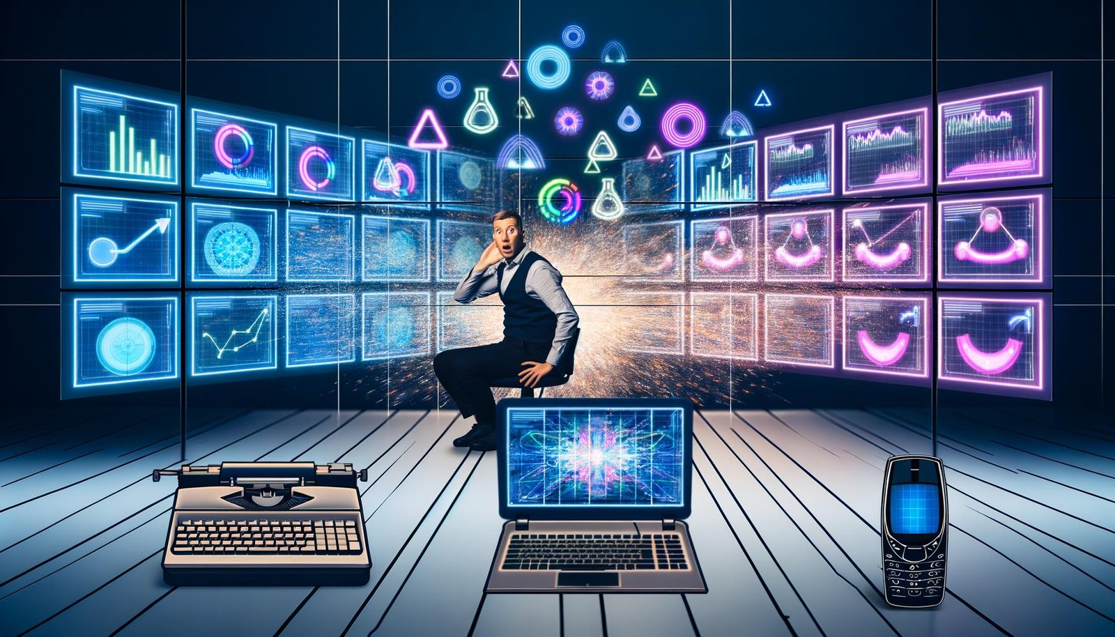 Moderner Arbeitsplatz mit futuristischen, holographischen Monitoren voller farbenfroher Datenvisualisierungen und Prognosekurven, einem beeindruckten Menschen und alten Hilfsmitteln wie einem geöffneten Excel-Laptop und einem Nokia 3210 im Hintergrund.