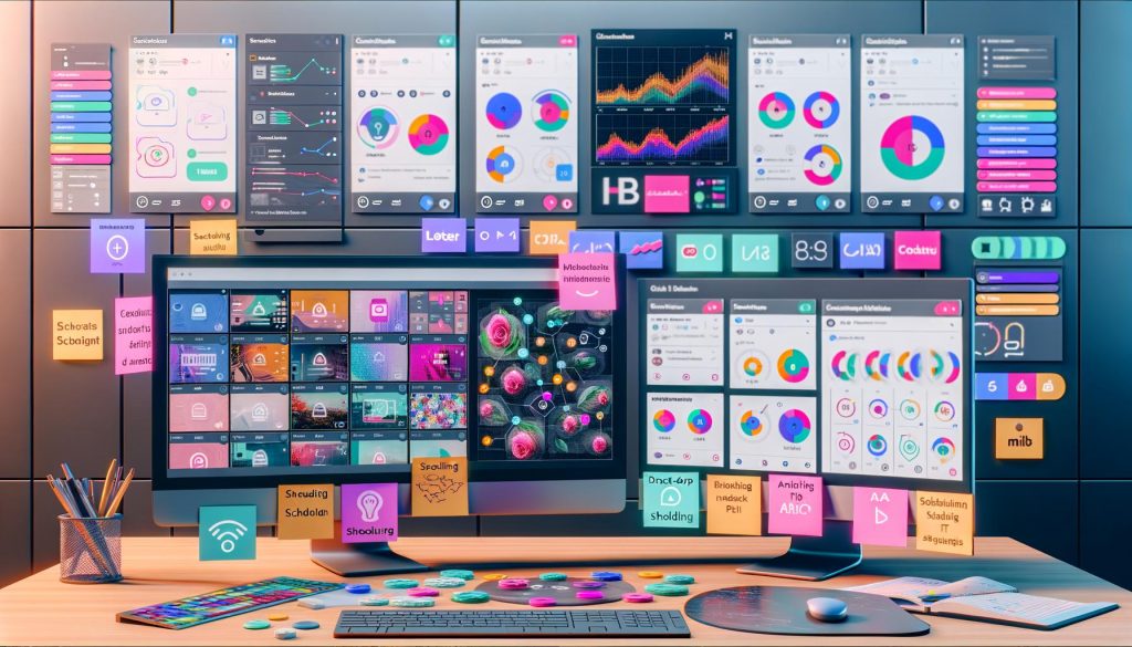 Stilisierter Arbeitsplatz eines Social Media Managers mit mehreren Bildschirmen, die Content-Planer, Social Scheduling Dashboards und Social-Media-Analysen anzeigen, umgeben von Reels-Thumbnails, Hashtag-Notizen und Tech-Equipment.