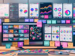 Stilisierter Arbeitsplatz eines Social Media Managers mit mehreren Bildschirmen, die Content-Planer, Social Scheduling Dashboards und Social-Media-Analysen anzeigen, umgeben von Reels-Thumbnails, Hashtag-Notizen und Tech-Equipment.