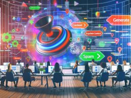 Personen in einem modernen digitalen Büro mit großen Monitoren, die Content-Workflows, KI-generierte Texte, Datenanalysen und SEO-Dashboards zeigen. Im Vordergrund ein auffälliger „Generate Content“-Button, daneben schwebende Textbausteine und Datenströme, im Hintergrund eine Google-Suchseite mit Warnhinweisen wie „Duplicate Content“ und „Spam“.