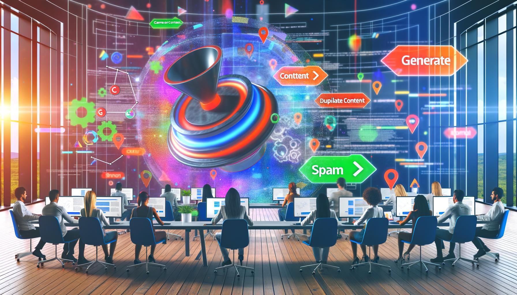 Personen in einem modernen digitalen Büro mit großen Monitoren, die Content-Workflows, KI-generierte Texte, Datenanalysen und SEO-Dashboards zeigen. Im Vordergrund ein auffälliger „Generate Content“-Button, daneben schwebende Textbausteine und Datenströme, im Hintergrund eine Google-Suchseite mit Warnhinweisen wie „Duplicate Content“ und „Spam“.