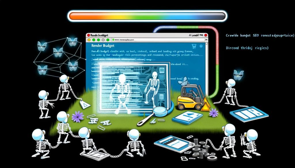 Illustration einer Webseite mit hervorgehobenen Render Budget, Crawl Budget und Ladezeiten; Googlebots stoppen vor unvollständig geladenen Elementen, während JavaScript-Code das Rendern verzögert.