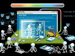 Illustration einer Webseite mit hervorgehobenen Render Budget, Crawl Budget und Ladezeiten; Googlebots stoppen vor unvollständig geladenen Elementen, während JavaScript-Code das Rendern verzögert.
