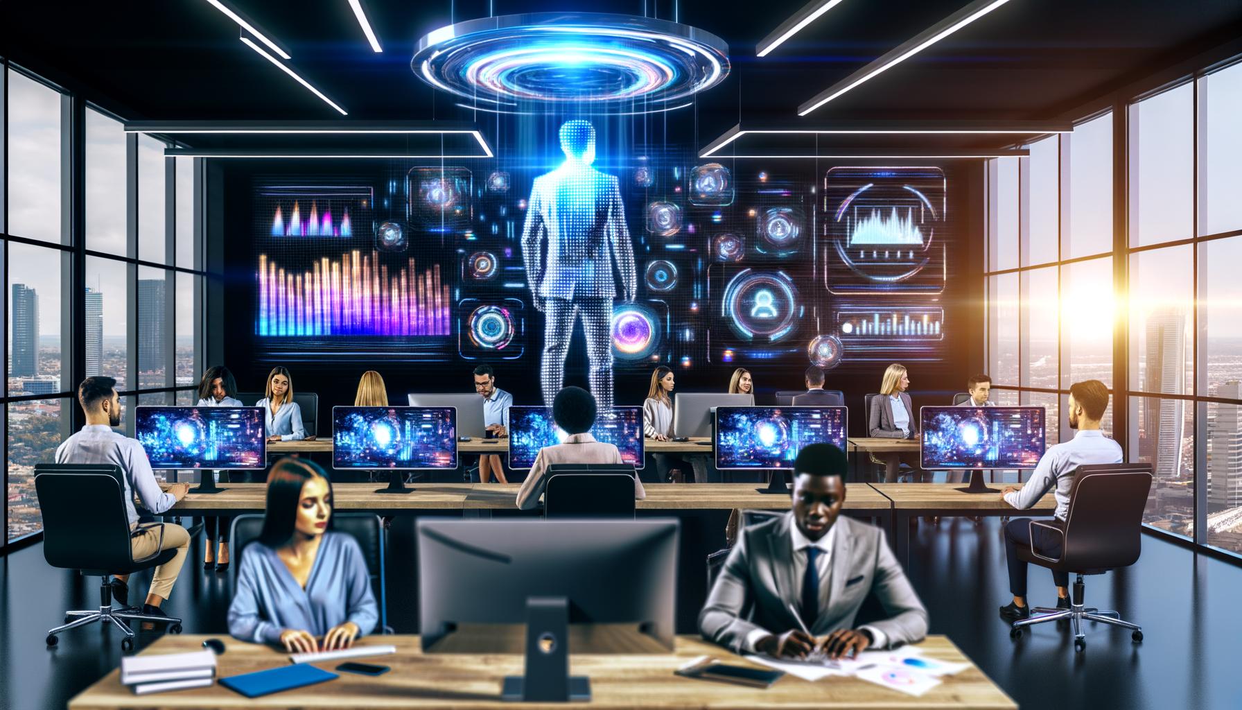 Marketer-Team im modernen Büro analysiert KI-gesteuerte Marketingdaten auf digitalen und holografischen Displays.