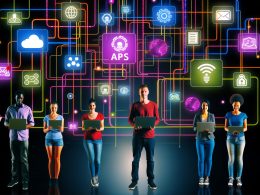 Futuristisches Marketing-Team arbeitet an Laptops vor einer vernetzten digitalen Oberfläche mit API-, Cloud- und Social-Media-Icons sowie Datenströmen.